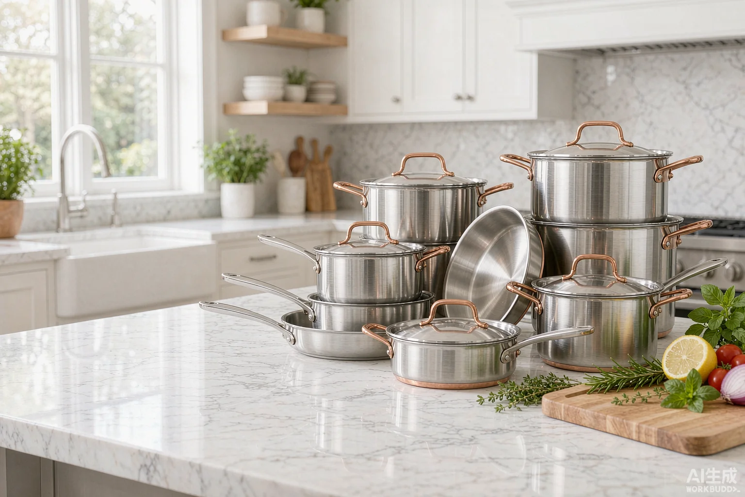 Premium cookware set on marble countertop